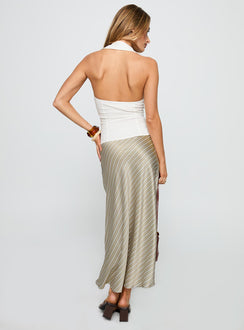 back view of model wearing Princess Polly Mixed Signals Midi Skirt Brown Stripe Midi Skirts 