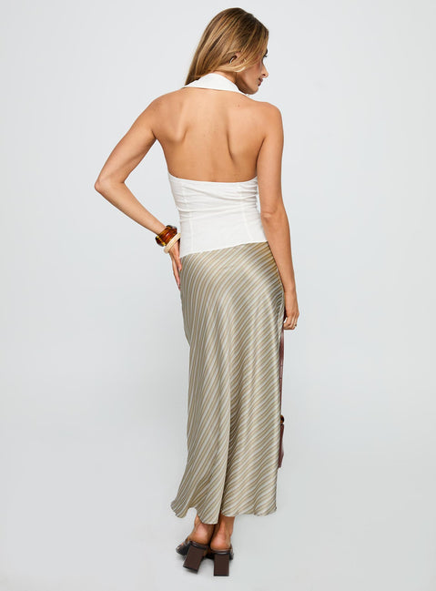 back view of model wearing Princess Polly Mixed Signals Midi Skirt Brown Stripe Midi Skirts 