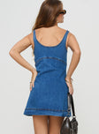 back view of model wearing Princess Polly Rautha Denim Mini Dress Mid Wash Tall Scoop Neck 