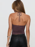 back view of model wearing Princess Polly Final Tango Halter Top Plum Sleeveless V-Neck 