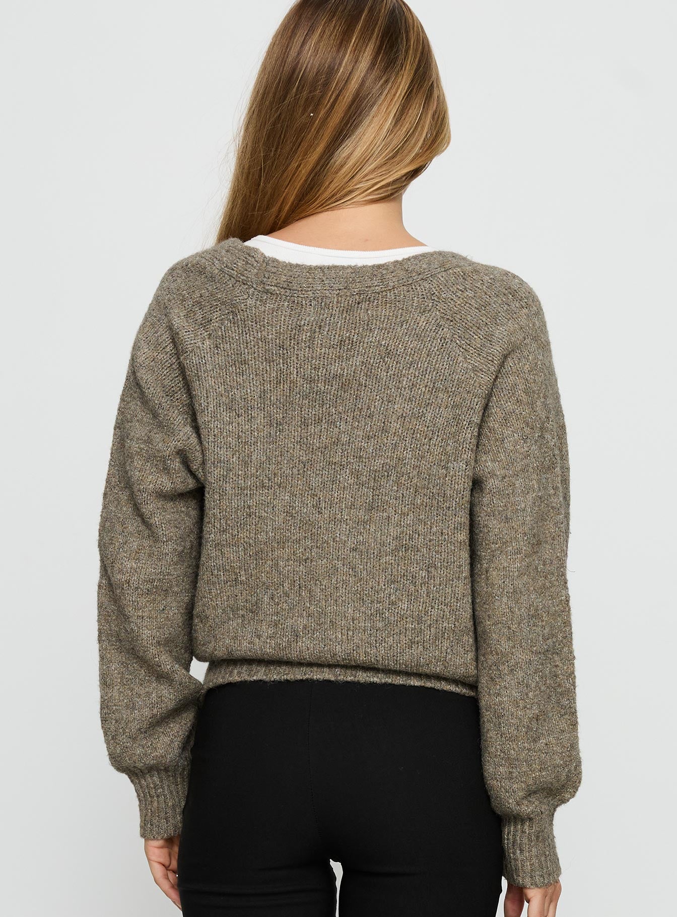 back view of model wearing Princess Polly Daelan Wrap Knit Cardigan Brown Cropped Jumpers 