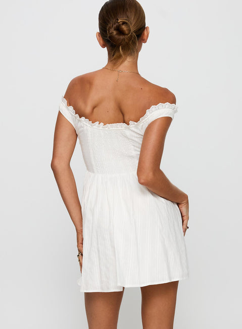back view of model wearing Princess Polly White Horse Off The Shoulder Mini Dress White Straight Neck 
