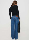 back view of model wearing Princess Polly Ferris Two-toned Straight Leg Jean Blue Wash Denim Low Rise Jeans 