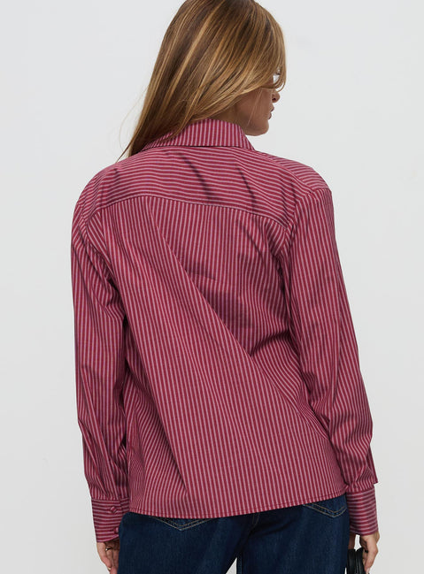 back view of model wearing Princess Polly Mandisa Long Sleeve Top Red Stripe Full Sleeves Crew Neck 