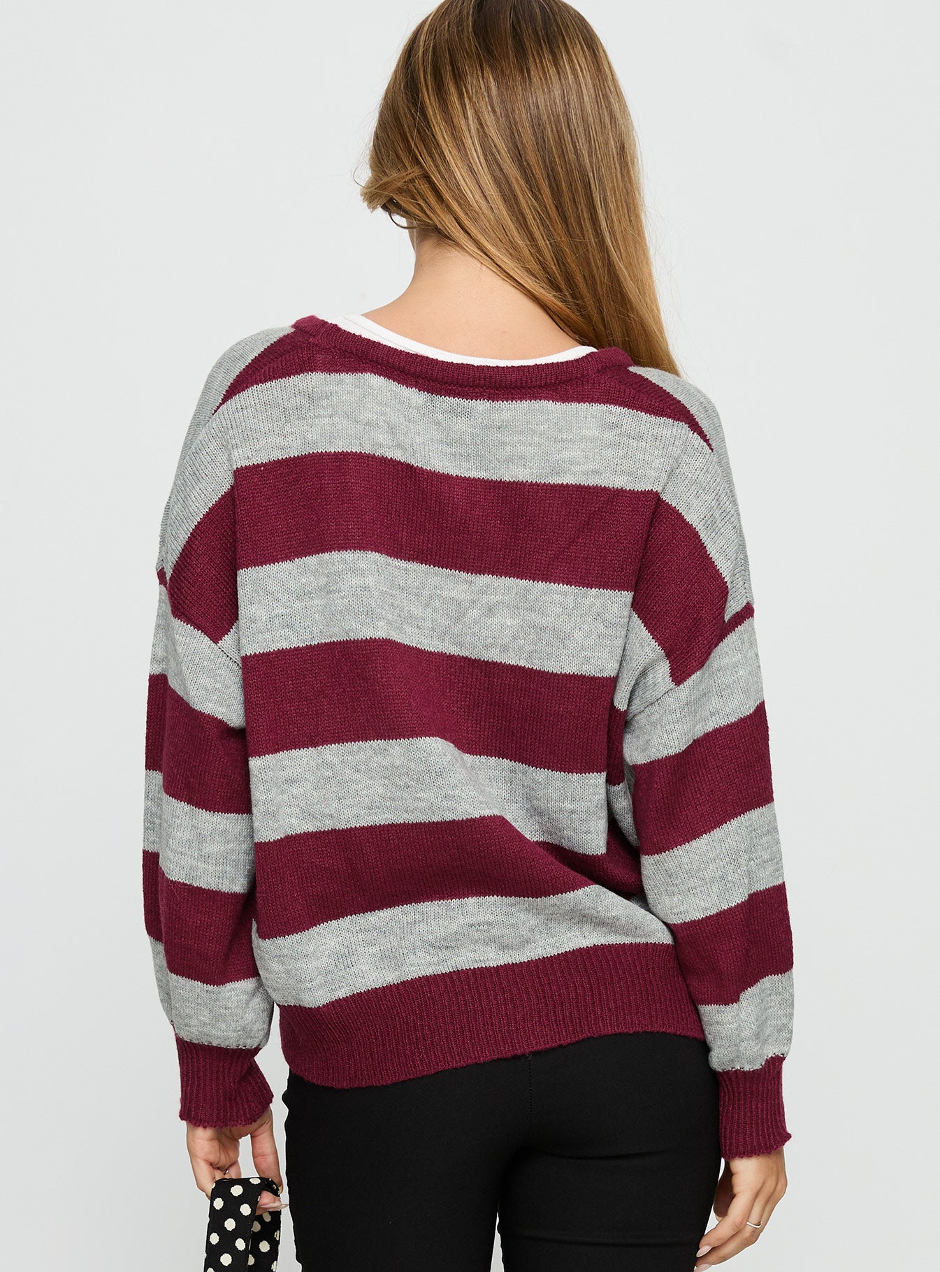back view of model wearing Princess Polly Devvon V Neck Knit Cardigan Red Stripe 