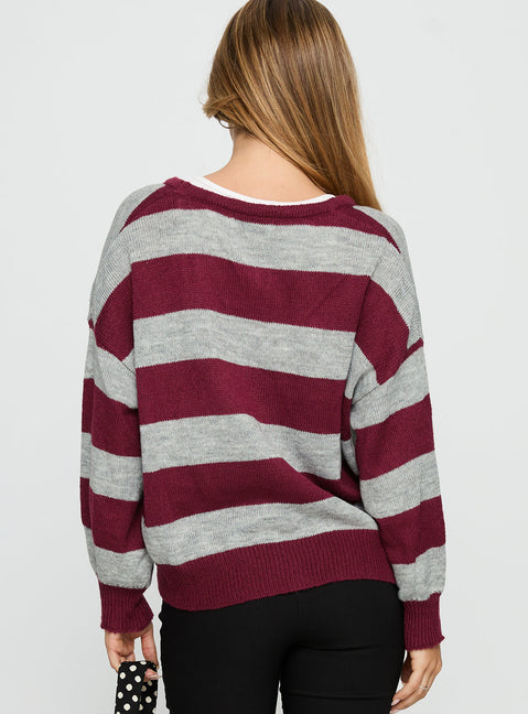 back view of model wearing Princess Polly Devvon V Neck Knit Cardigan Red Stripe 