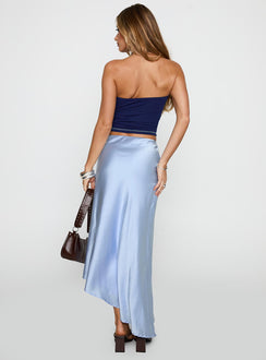 back view of model wearing Princess Polly Resistance Asymmetrical Maxi Skirt Blue Maxi 
