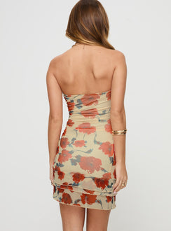 back view of model wearing Princess Polly Dimitrios Strapless Mini Dress Yellow / Red Floral Straight Neck 