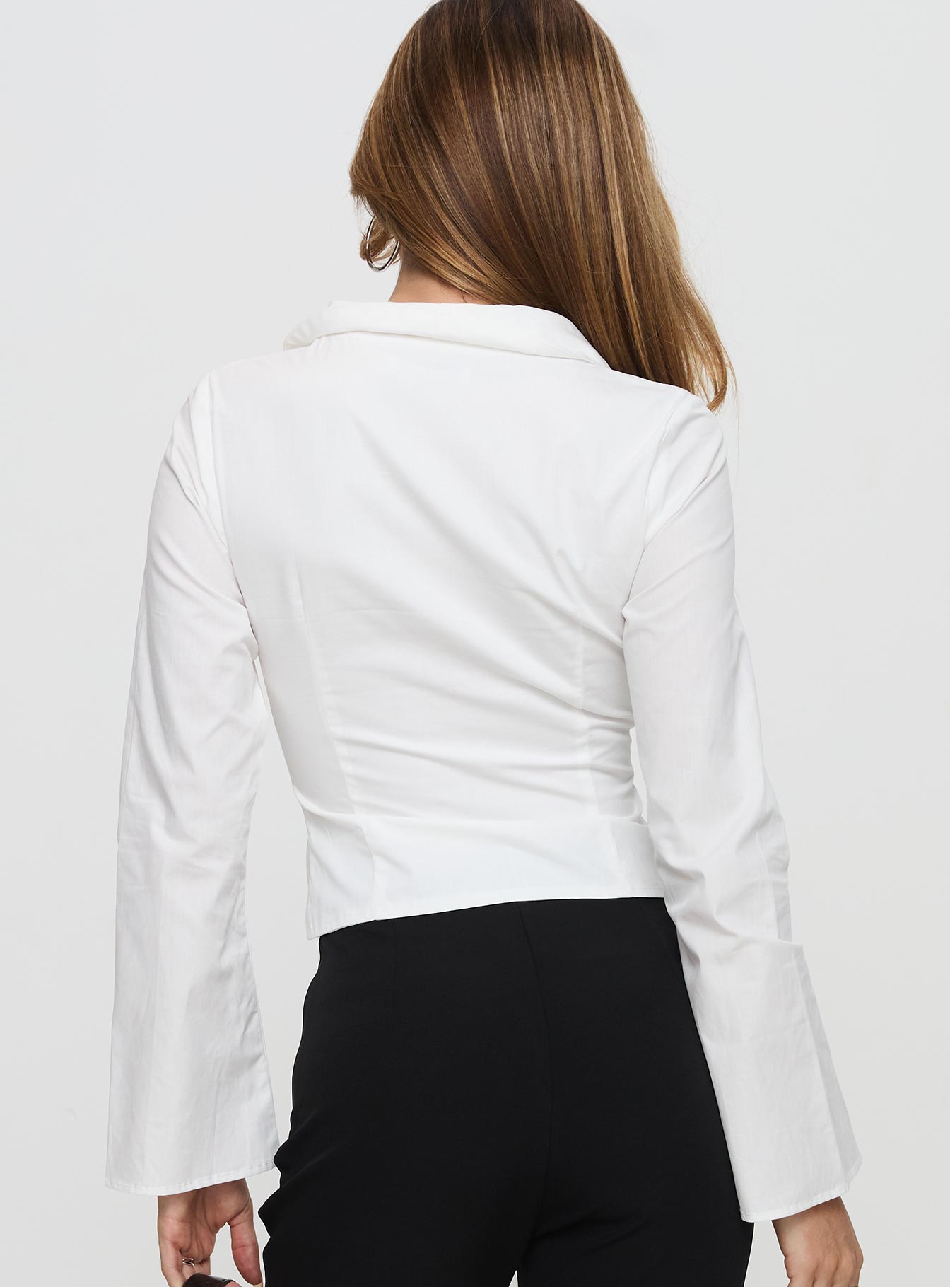 back view of model wearing Princess Polly Work Of Art Long Sleeve Top White Full Sleeves V-Neck 