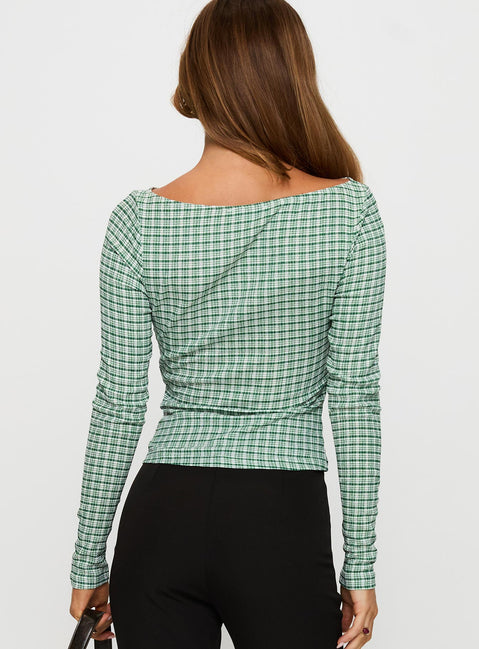 back view of model wearing Princess Polly Every Second Boat Neck Long Sleeve Top Green Check Full Sleeves Boat Neck 