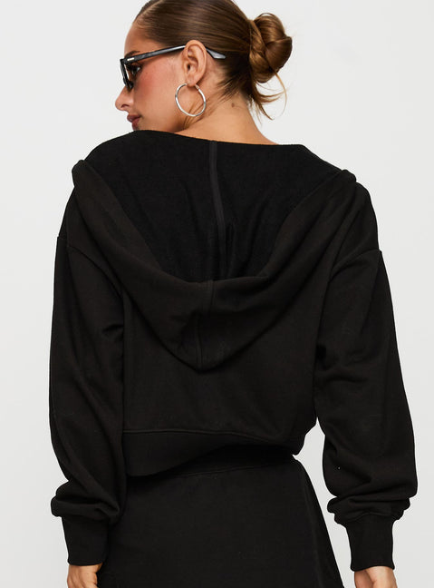 back view of model wearing Princess Polly Revive Zip Through Hoodie Black cropped 