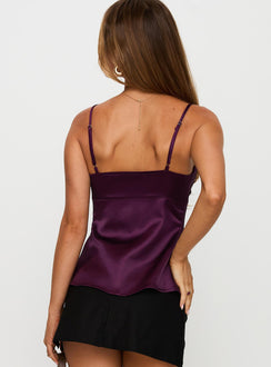 back view of model wearing Princess Polly Gunnar Top Purple Sleeveless Plunger 