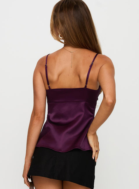 back view of model wearing Princess Polly Gunnar Top Purple Sleeveless Plunger 