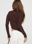 back view of model wearing Princess Polly Ellara Long Sleeve Top Brown Full Sleeves Crew Neck 