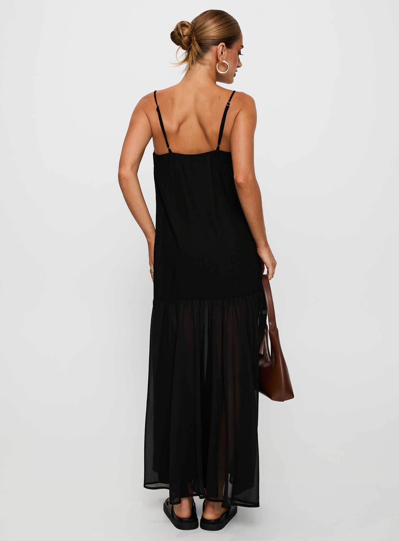 back view of model wearing Princess Polly Iskra Drop Waist Maxi Dress Black Square Neck 