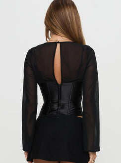 back view of model wearing Princess Polly Bolda Long Sleeve Corset Top Black Full Sleeves Plunger 