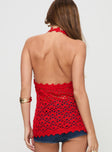 back view of model wearing Princess Polly Bleylack Top Red Sleeveless Plunger 