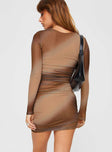 back view of model wearing Princess Polly Melvin Long Sleeve Mini Dress Brown Crew Neck 