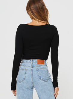 back view of model wearing Princess Polly Ballard Long Sleeve Bodysuit Black Full Sleeves Square Neck 