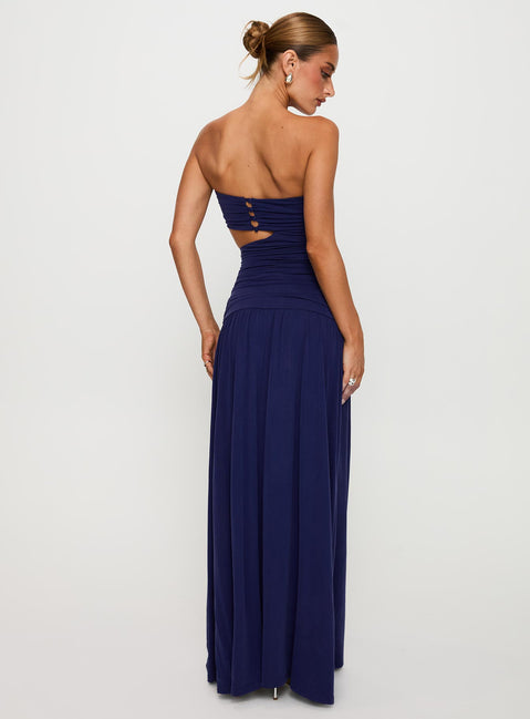 back view of model wearing Princess Polly Grandeur Strapless Maxi Dress Navy Straight Neck 