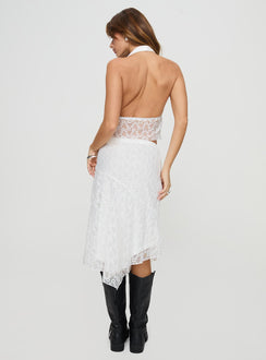 Matching two-piece set V neckline, halter style, drawstring fastening at bust, split hem Midi skirt, diagonal stitching detail, invisible zip fastening, asymmetric hem Non-stretch material, lined bust & skirt