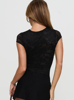 back view of model wearing Princess Polly Hold My Breath Lace Bodysuit Black Short Sleeve 