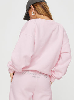 back view of model wearing Princess Polly Princess Polly Crew Neck Sweatshirt Script Baby Pink / Grey 