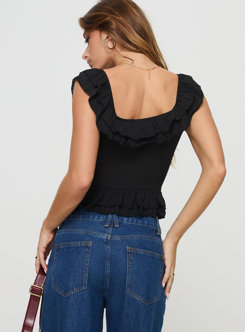 back view of model wearing Princess Polly Redwood Top Black Short Sleeves Sweetheart 