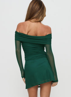 back view of model wearing Princess Polly Olympique Long Sleeve Mini Dress Teal Straight Neck 