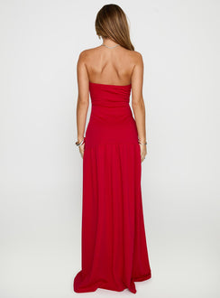 back view of model wearing Princess Polly Move Me Strapless Maxi Dress Red Straight Neck 