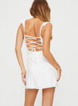 back view of model wearing Princess Polly Landon Mini Dress White Petite Sweetheart Neckline 