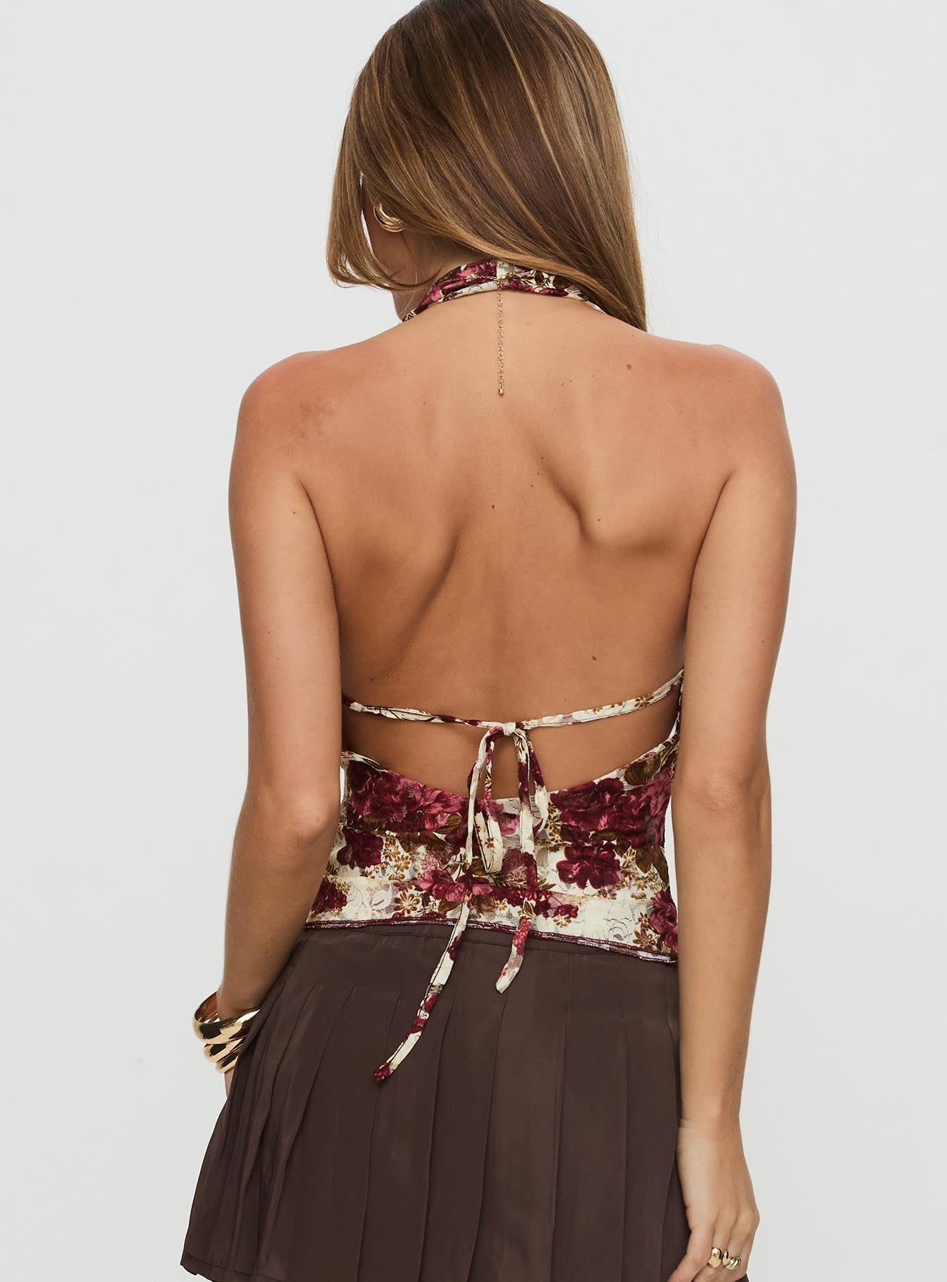 back view of model wearing Princess Polly Capulet Halter Cowl Top Floral Sleeveless Cowl 