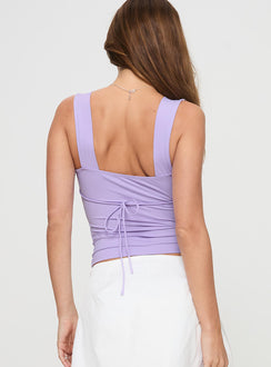 back view of model wearing Princess Polly Zyair Top Lilac Sleeveless V-Neck 