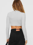 back view of model wearing Princess Polly Orrico Long Sleeve Top Grey Full Sleeves High Neck 