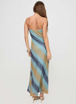 back view of model wearing Princess Polly Celik Strapless Maxi Dress Blue / Brown Straight Neck 