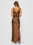 back view of model wearing Princess Polly Galloway Maxi Dress Brown Plunger 