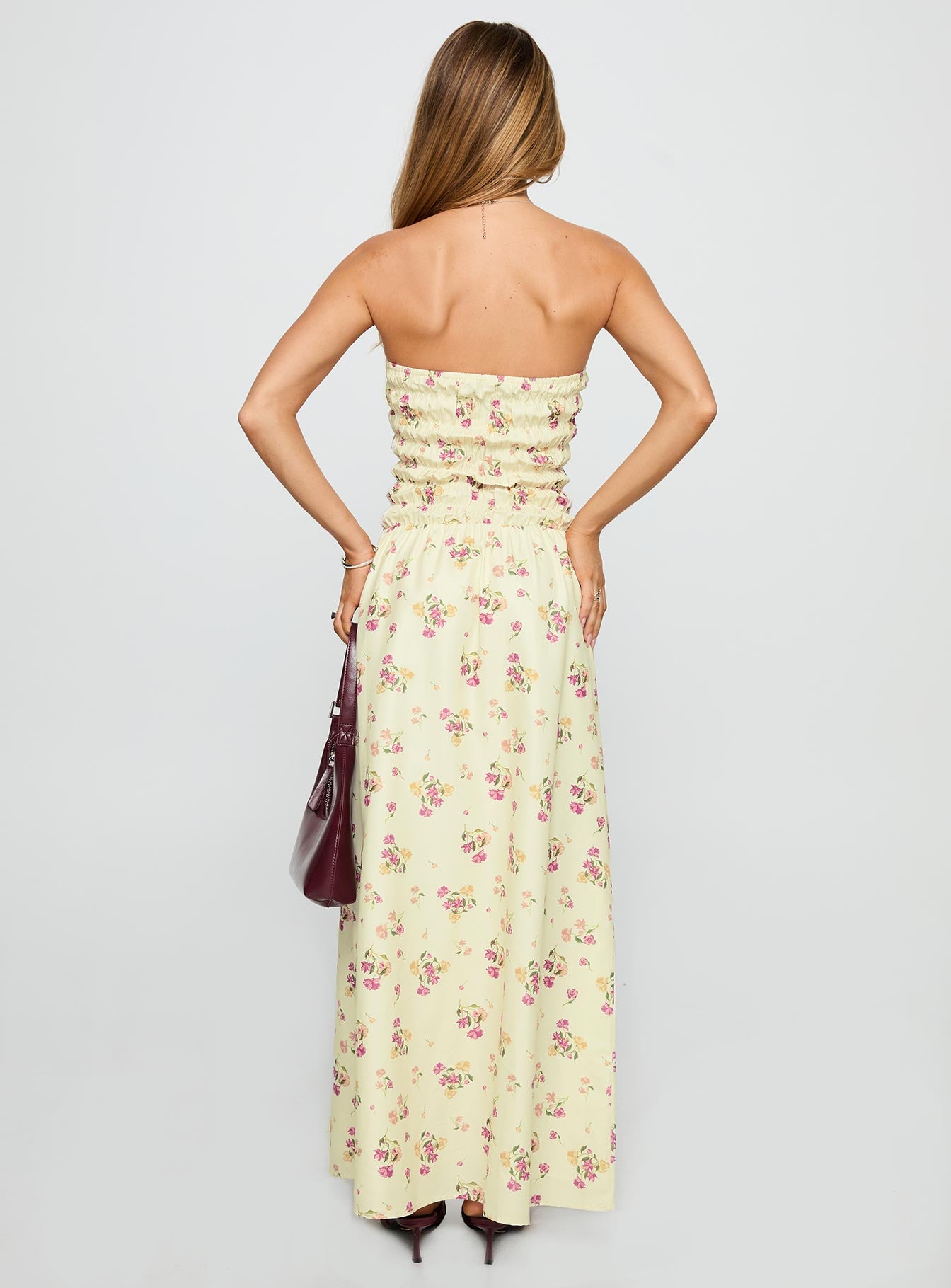 back view of model wearing Princess Polly Human Nature Strapless Maxi Dress Multi Floral Straight Neck 