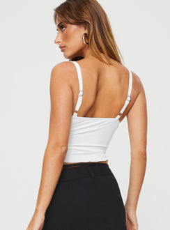 back view of model wearing Princess Polly Greyer Top White Sleeveless Sweetheart 