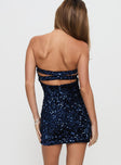 back view of model wearing Princess Polly Club Classics Strapless Mini Dress Navy Sweetheart Neckline 