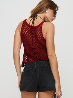 back view of model wearing Princess Polly Shikarni Knit Top Red Sleeveless Scoop Neck 