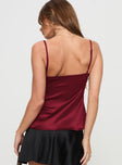 back view of model wearing Princess Polly Gunnar Top Burgundy Sleeveless Plunger 