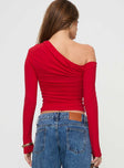 back view of model wearing Princess Polly Beller Long Sleeve Top Red Full Sleeves Asymmetric Neckline 