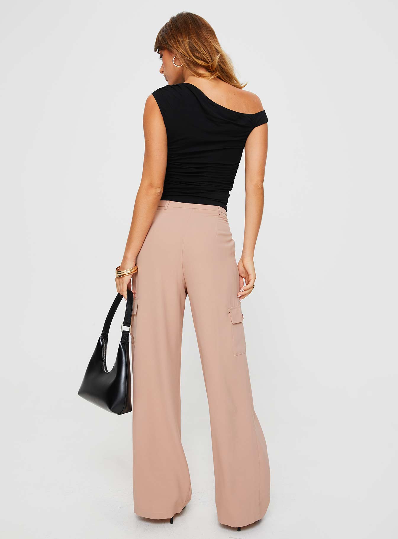 back view of model wearing Princess Polly Wallom Cargo Pants Beige High Waisted Pants 