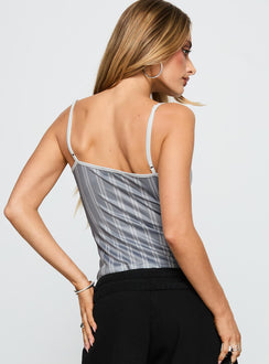 back view of model wearing Princess Polly Clear Vision Top Grey Stripe Sleeveless V-Neck 