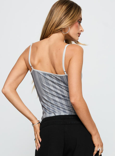 back view of model wearing Princess Polly Clear Vision Top Grey Stripe Sleeveless V-Neck 