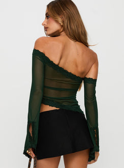 back view of model wearing Princess Polly Empty Space Top Forest Green Full Sleeves Asymmetric Neckline 