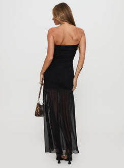 back view of model wearing Princess Polly Decadent Strapless Maxi Dress Black Straight Neck 