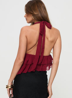 back view of model wearing Princess Polly Philomela Top Burgundy Sleeveless Plunger 