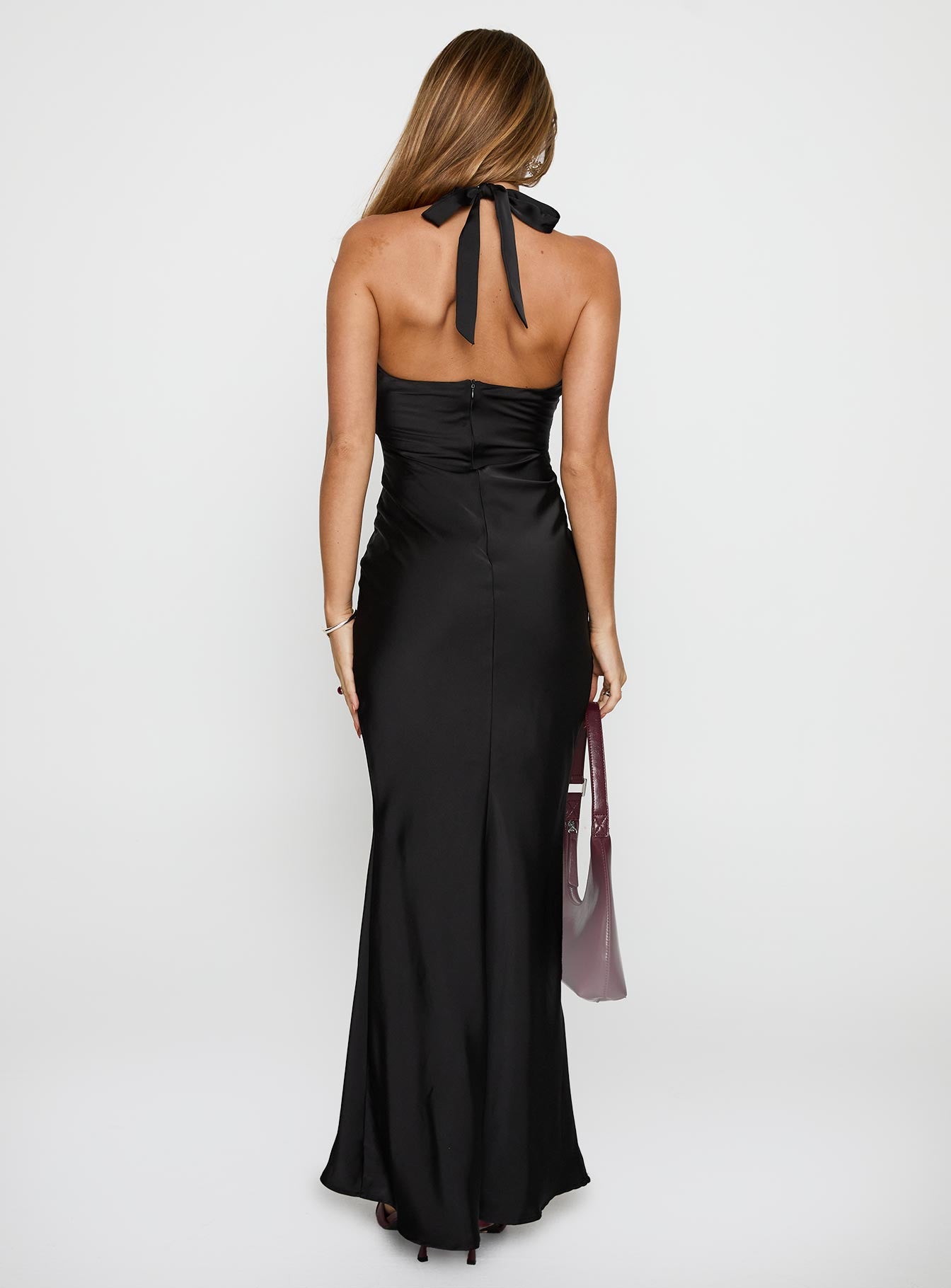 back view of model wearing Princess Polly Gloriana Halter Maxi Dress Black Plunger 