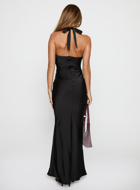 back view of model wearing Princess Polly Gloriana Halter Maxi Dress Black Plunger 